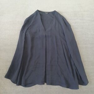 Theory Silk Blouse Womens L Black V Neck Long Sleeve Career Office Chic Flowy